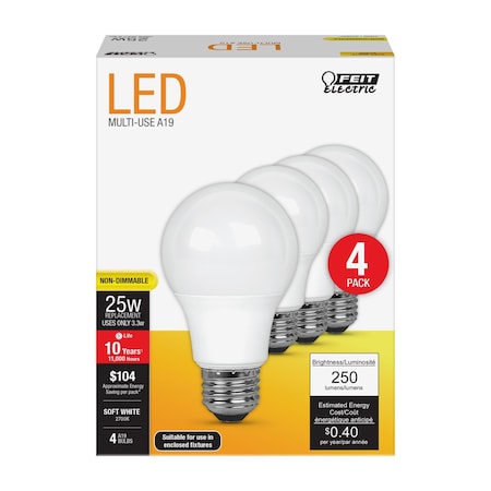 Feit Electric Feit A19 E26 (Medium) LED Bulb Soft White 25 Watt Equivalence 4 pk A250/82710KLED4